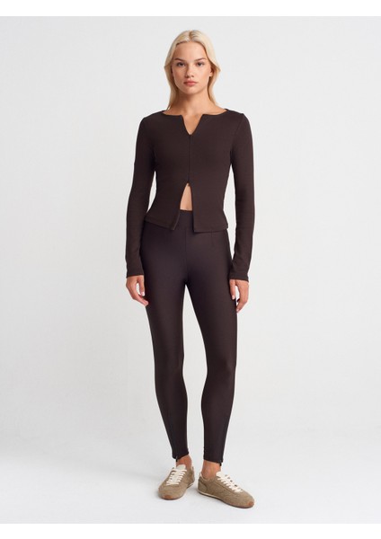 7934 Fermuar Detaylı Tayt-Koyu Kahve