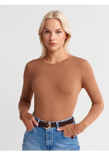 1267 Bisiklet Yaka Kol Ortası Droplu Kazak-Camel