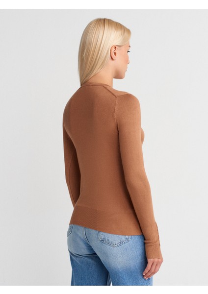 1267 Bisiklet Yaka Kol Ortası Droplu Kazak-Camel fiyatları