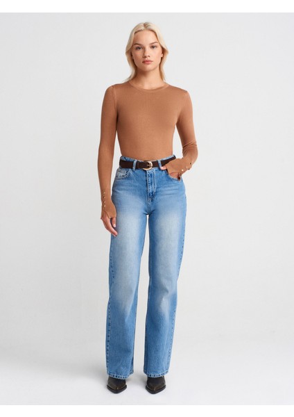 1267 Bisiklet Yaka Kol Ortası Droplu Kazak-Camel fırsatları