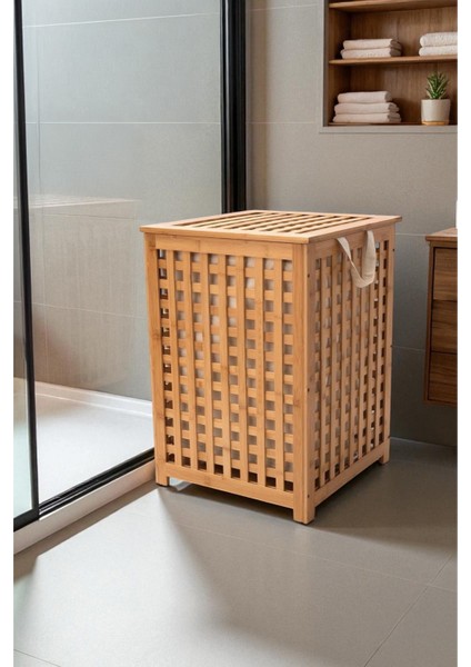 Bambu Çamaşır Sepeti 58X40 cm Kulplu Taşınabilir Bezli DB-0042