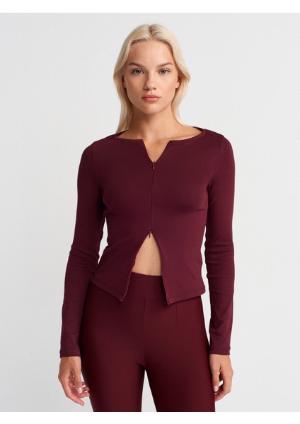 31993 Fermuar Detaylı Uzun Kollu Top-Bordo