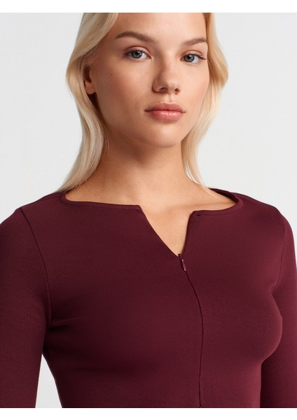 31993 Fermuar Detaylı Uzun Kollu Top-Bordo modelleri