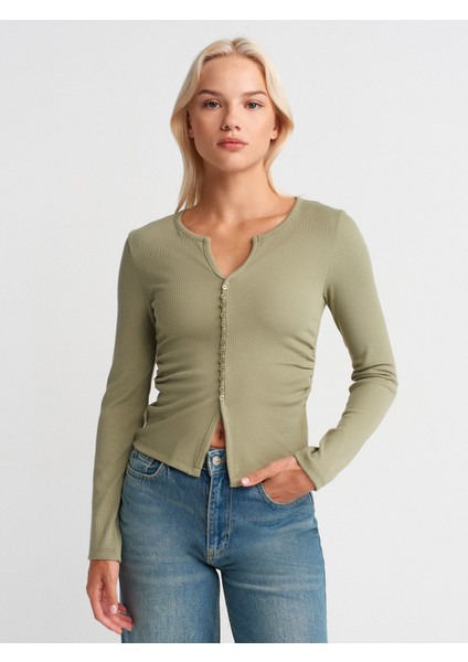 31548 Düğme Detaylı Büzgülü Top-Çağla