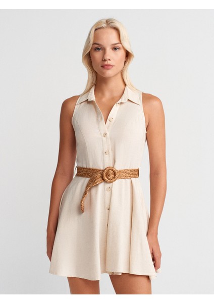 90925 Kemerli Mini Elbise-Ekru