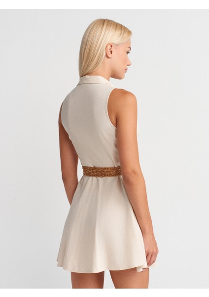 90925 Kemerli Mini Elbise-Ekru fiyatları