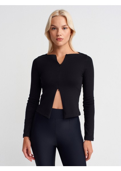 31993 Fermuar Detaylı Uzun Kollu Top-Siyah