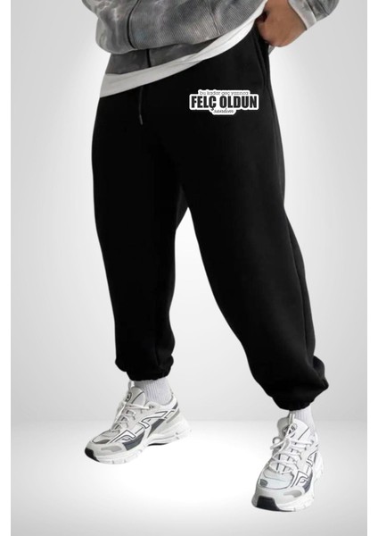 Bu Kadar Geç Yazınca Felç Oldun Sandım Yazılı 3 Iplik Erkek Baskılı Siyah Eşofman Altı modelleri