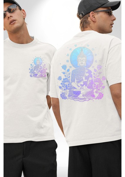 Dinginlik ve Işık Arayışı Budha Yoga Beyaz Oversize Kadın Erkek Ön ve Sırt Baskılı Tişört
