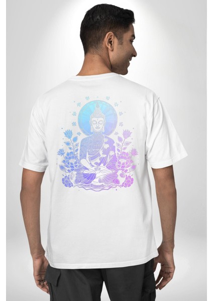 Dinginlik ve Işık Arayışı Budha Yoga Beyaz Oversize Kadın Erkek Ön ve Sırt Baskılı Tişört fiyatları