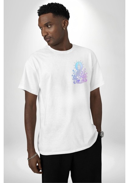 Dinginlik ve Işık Arayışı Budha Yoga Beyaz Oversize Kadın Erkek Ön ve Sırt Baskılı Tişört modelleri