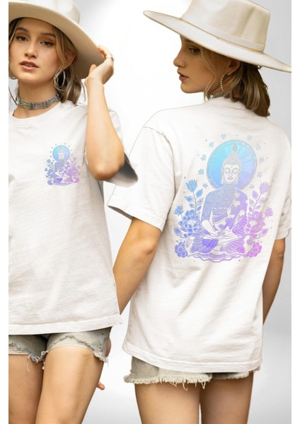 Dinginlik ve Işık Arayışı Budha Yoga Beyaz Oversize Kadın Erkek Ön ve Sırt Baskılı Tişört fırsatları