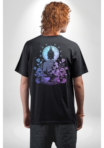 Dinginlik ve Işık Arayışı Budha Yoga Siyah Oversize Kadın Erkek Ön ve Sırt Baskılı Tişört fiyatları