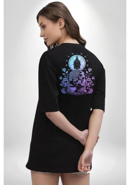 Dinginlik ve Işık Arayışı Budha Yoga Siyah Oversize Kadın Erkek Ön ve Sırt Baskılı Tişört indirimleri