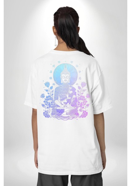 Dinginlik ve Işık Arayışı Budha Yoga Beyaz Oversize Kadın Erkek Ön ve Sırt Baskılı Tişört indirimleri