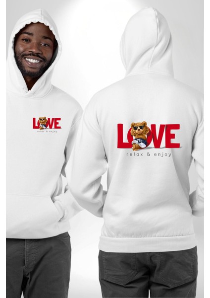 Sevgi Baskılı Şirin Ayı ve Rahatlatıcı Aşk Beyaz Kapüşonlu Sweatshirt Kadın Erkek Ön Minimal Sırt Baskılı