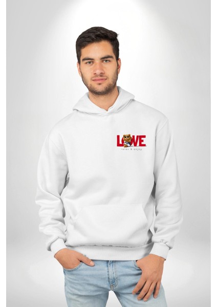 Sevgi Baskılı Şirin Ayı ve Rahatlatıcı Aşk Beyaz Kapüşonlu Sweatshirt Kadın Erkek Ön Minimal Sırt Baskılı fiyatları