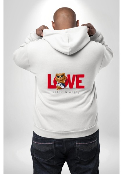Sevgi Baskılı Şirin Ayı ve Rahatlatıcı Aşk Beyaz Kapüşonlu Sweatshirt Kadın Erkek Ön Minimal Sırt Baskılı modelleri