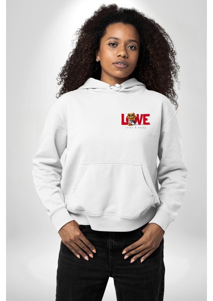 Sevgi Baskılı Şirin Ayı ve Rahatlatıcı Aşk Beyaz Kapüşonlu Sweatshirt Kadın Erkek Ön Minimal Sırt Baskılı indirimleri