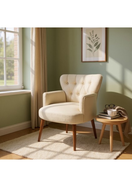 Roma Berjer Modern Tekli Koltuk -Babyface Kumaş - Ahşap Demonte Ayak - Krem Renk