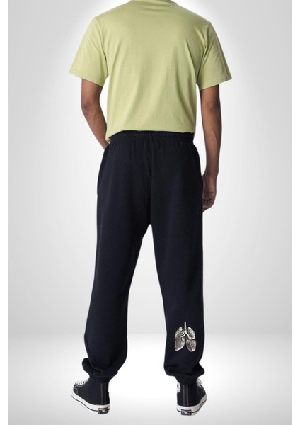 Porselen Akciğer Çiçekler Açmış Pamuklu 3 Iplik Siyah Eşofman Altı Erkek Oversize Kesim Dijital Baskılı indirimleri