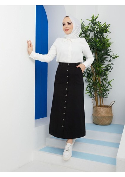Boydan Düğmeli Gabardin Etek Siyah modelleri