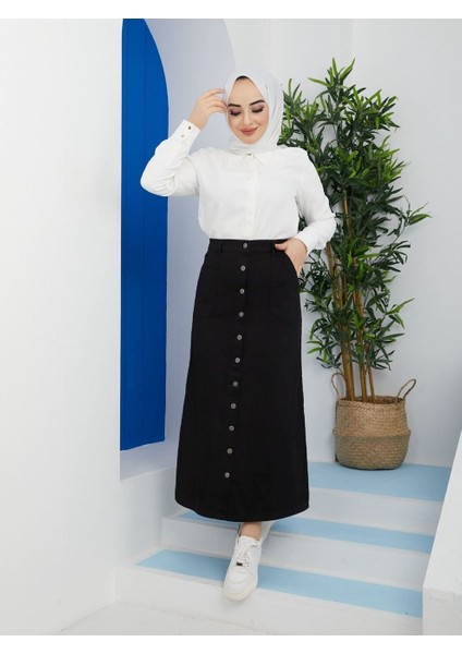 Boydan Düğmeli Gabardin Etek Siyah