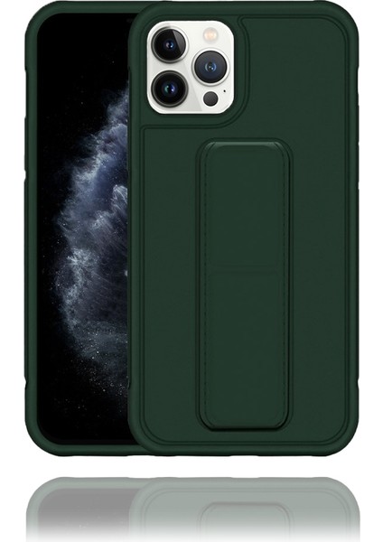 Apple IPhone 12 Pro Uyumlu Mat Koyu Yeşil Yumuşak Silikon Standlı Tutacaklı (Tutamaçlı) Telefon Kılıfı fiyatları