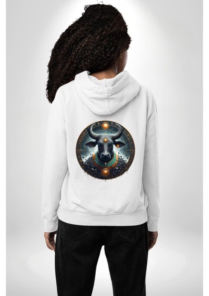 Hesat - Beslenme, Süt ve Doğurganlık Tanrıçası Beyaz Kapüşonlu Sweatshirt Kadın Erkek Ön Minimal Sırt Baskılı modelleri