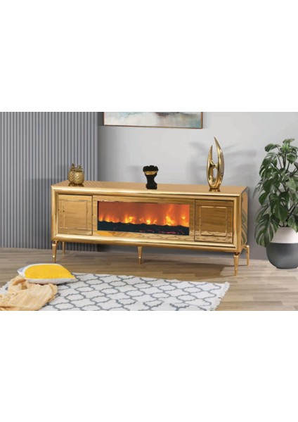 Bera Gold Şömineli Aynalı Anka Tv Sehpası