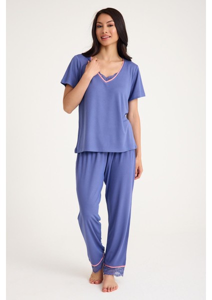 Dream Gri Mavi Viskon V Yaka Dantel Detaylı Pijama Takımı