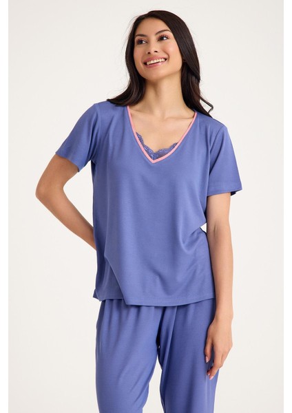 Dream Gri Mavi Viskon V Yaka Dantel Detaylı Pijama Takımı