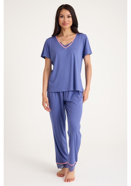Dream Gri Mavi Viskon V Yaka Dantel Detaylı Pijama Takımı