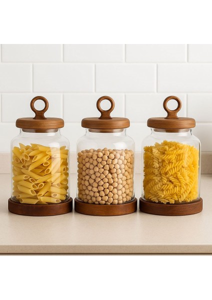 3'lü Borosilikat Cam Akasya Kapaklı Erzak Baharat Kavanozu 1100 ml
