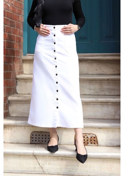 Boydan Düğmeli Gabardin Etek Beyaz fiyatları