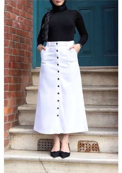 Boydan Düğmeli Gabardin Etek Beyaz modelleri