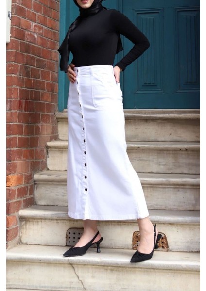 Boydan Düğmeli Gabardin Etek Beyaz indirimleri