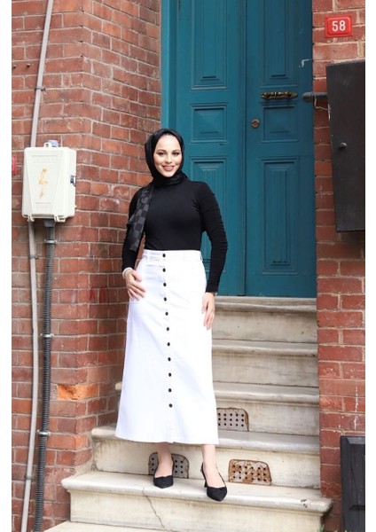 Boydan Düğmeli Gabardin Etek Beyaz