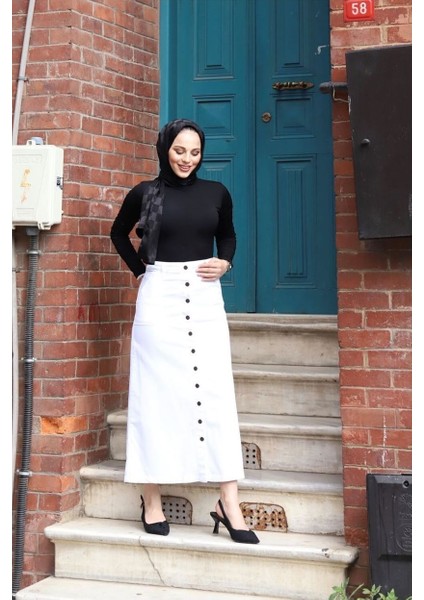 Boydan Düğmeli Gabardin Etek Beyaz