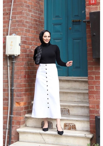 Boydan Düğmeli Gabardin Etek Beyaz