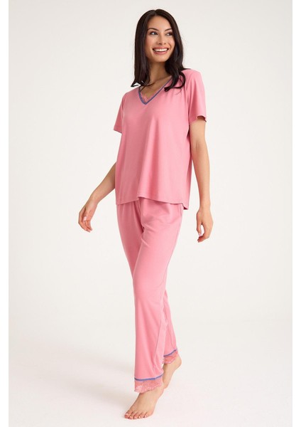 Dream Pembe Viskon V Yaka Dantel Detaylı Pijama Takımı