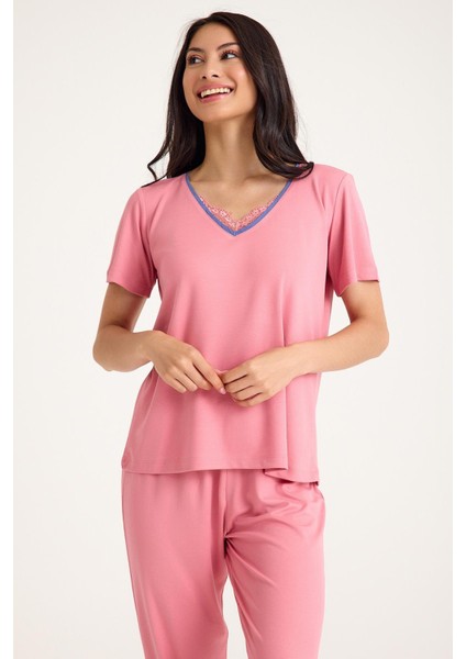 Dream Pembe Viskon V Yaka Dantel Detaylı Pijama Takımı