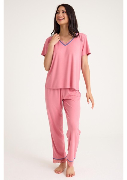 Dream Pembe Viskon V Yaka Dantel Detaylı Pijama Takımı