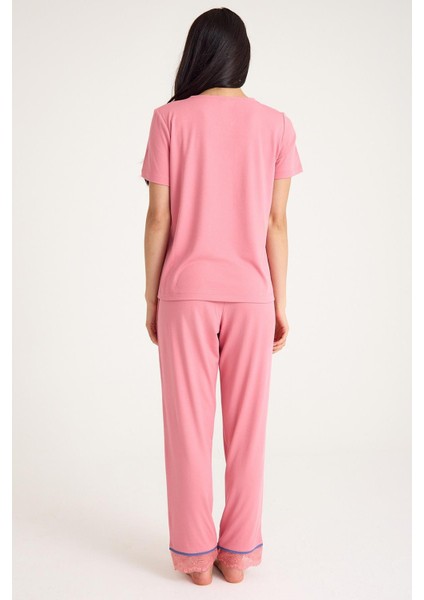 Dream Pembe Viskon V Yaka Dantel Detaylı Pijama Takımı