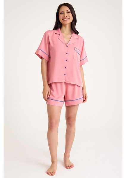 Dream Pembe Viskon Kısa Kollu Şortlu Önden Düğmeli Pijama Takım