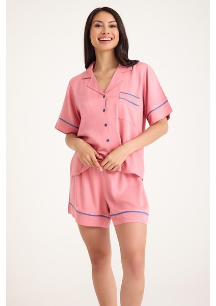 Dream Pembe Viskon Kısa Kollu Şortlu Önden Düğmeli Pijama Takım