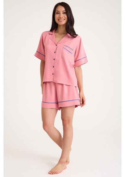 Dream Pembe Viskon Kısa Kollu Şortlu Önden Düğmeli Pijama Takım