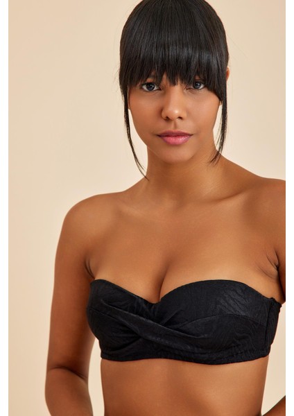 Bali Siyah Balenli Dolgulu Straplez Push-Up Bikini Üst