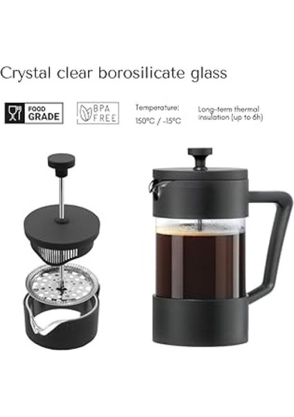 French Press 420 ml Borosilikat Siyah Kahve Demleme Potu, Isıya Dayanıklı Filtre Kahve Pres