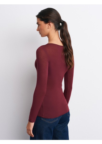 32122 Kayık Yaka Modal Kaşmir Ultra Hafif Bluz-Bordo fiyatları